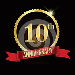 10th golden anniversary logo with shiny ring red ribbon