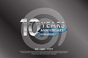 10th years anniversary celebration emblem. anniversary elegance silver logo isolated with blue ribbon, vector illustration