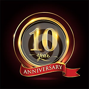 10th years celebration anniversary logo with golden ring and red ribbon