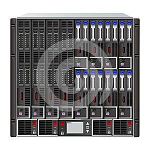 10u server blade with 12 different slot sizes, 4 power supplies and a control box.