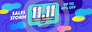 11.11 Global shopping Sale horizontal banner or Promotion on blue background. Online shopping vector illustration.