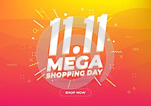 11.11 Mega shopping day sale poster or flyer design. Global shopping world day Sale on colorful background.