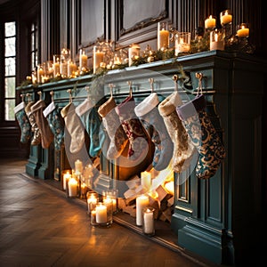 11 Christmas Stockings of Various Colors Hanging Up on a Fireplace