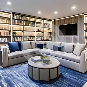 11 A contemporary family room with a sectional sofa, wall-mounted TV, and built-in bookshelves1, Generative AI