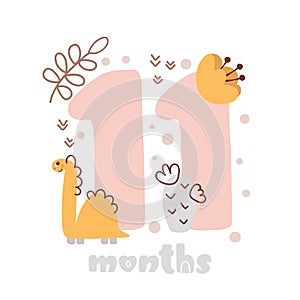 11 eleven months anniversary card. Baby shower print with cute animal dino and flowers capturing all special moments