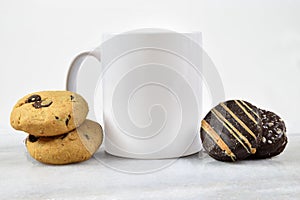 11 oz. White Mug Mockup on Marble Background with Cookies