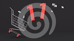 11 percent discount flying out of a shopping cart on a black background. Concept of discounts, black friday, online sales. 3d