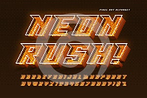 111111Dynamic pixel neon alphabet design, stylized like in 8-bit games. High contrast and sharp