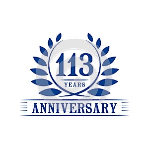 113 years anniversary celebration logo. 113rd anniversary luxury design template. Vector and illustration.