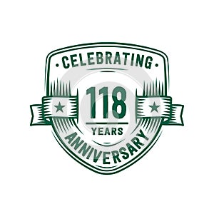 118 years anniversary celebration shield design template. 118th anniversary logo. Vector and illustration.