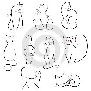 1196 cats, vector illustration, stylized image of cats, a black and white picture, a set of cats