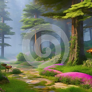 1197 Magical Forest Enclave: A magical and enchanting background featuring a magical forest enclave with glowing mushrooms, ench