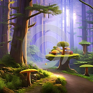 1197 Magical Forest Enclave: A magical and enchanting background featuring a magical forest enclave with glowing mushrooms, ench