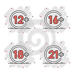 12, 16, 18, 21 plus icon in comic style. Censorship cartoon vector illustration on white isolated background. Censored splash