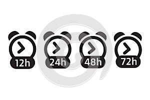 12, 24, 48 and 72 hours alarm clock vector icons. Delivery service, online deal remaining time symbols