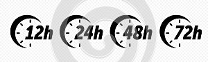 12, 24, 48 and 72 hours clock arrow vector icons. Delivery service, online deal remaining time web site symbols