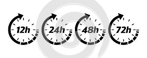 12, 24, 48 and 72 hours clock arrow. Vector work time effect or delivery service time icons. Vector illustration