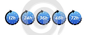 12, 24, 48 and 72 hours clock arrow. Vector work time effect or delivery service time icons. Vector illustration