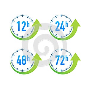 12, 24, 48, 72 hours clock arrow. Work time effect or delivery service time. Vector stock illustration