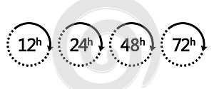 12, 24, 48 and 72 hours clock arrows. Set of black icons work time or delivery service time. Vector