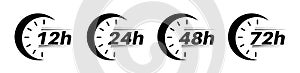 12, 24, 48 and 72 hours clock new vector icons. Delivery service, speedy delivery online deal remaining time web site symbols.