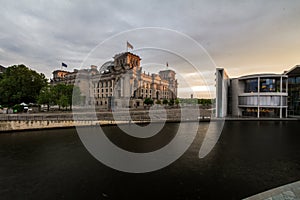 12.7.2018 BERLIN, GERMANY: Panoramic view of famous Reichstag building, seat of the German Parliament (Deutscher Bundestag), with