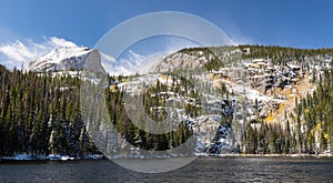 12,713 foot Hallet Peak rises above Bear Lake in Rocky Mountain National Park, Colorado.