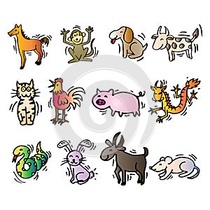 12 Animals of Chinese Calendar. Cartoon style.