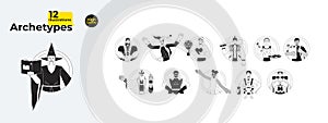 12 archetypes in society black and white cartoon flat illustration bundle