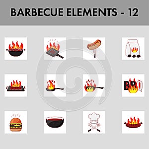 12 Barbeque Grill Element Set On Grey Square