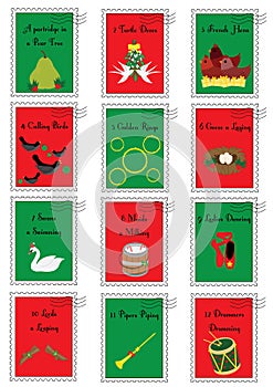 12 Christmas stamps with the twelve days of Christmas