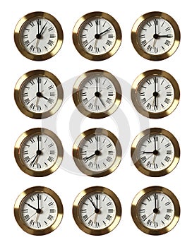 12 Clocks Showing Different Time