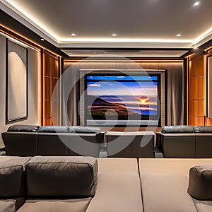 12 A contemporary home theater with a large screen, comfortable seating, and ambient lighting1, Generative AI