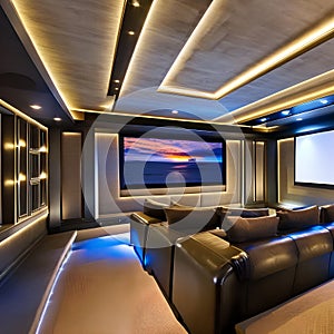 12 A contemporary home theater with a large screen, comfortable seating, and ambient lighting3, Generative AI