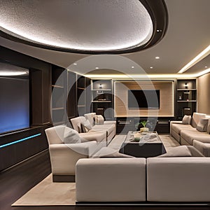 12 A contemporary home theater with a large screen, comfortable seating, and ambient lighting4, Generative AI