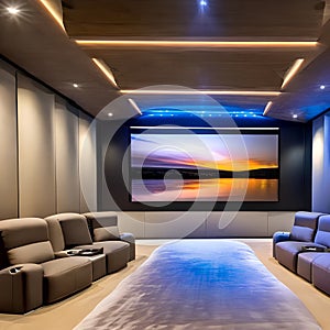12 A contemporary home theater with a large screen, comfortable seating, and ambient lighting5, Generative AI