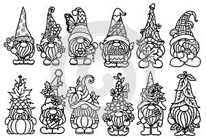 12 cute gnomes for Valentine, fall, autumn, Christmas, Garden design element.  Vector illustration