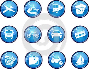 12 Glossy Blue Vector Travel Icons.