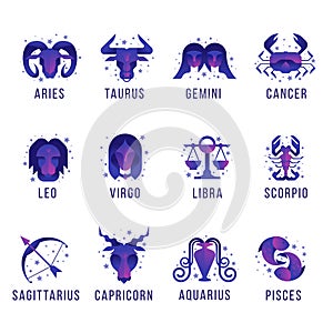12 horoscope - Modern shape purple blue zodiac astrology simple icon sign with star around collection vector design