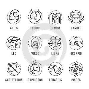 12 horoscope mono line border and dash circle icon collection vector design