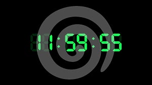 12 hour o`clock digital clock. Seconds count to twelve. Numerical electronic green display screen