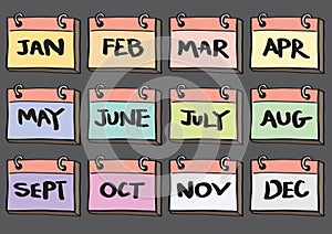 12-Month Calendar Cartoon Vector Icon Set