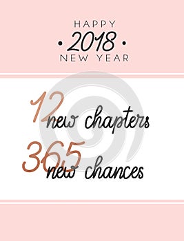12 new chapters 365 new chances new year card. trendy pink design with golden elements and lettering. new year greeting card.