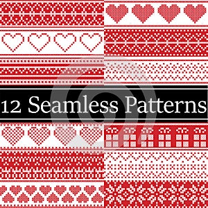 12 Nordic style vector seamless Christmas patterns inspired by Scandinavian Christmas, festive winter in cross stitch with heart