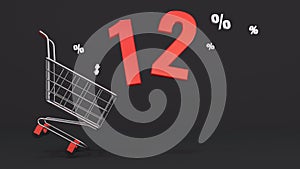12 percent discount flying out of a shopping cart on a black background. Concept of discounts, black friday, online sales. 3d