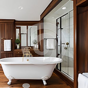 12 A traditional-style bathroom with a mix of white and wooden finishes, a classic clawfoot tub, and a large, frameless mirror2,