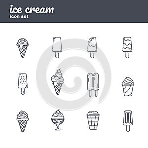 12 Vector ice cream flat simple line style icons set