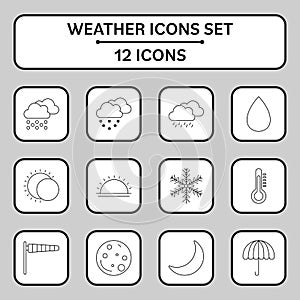 12 Weather Linear Icon Set On White And Grey Square