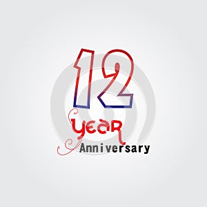 12 years anniversary celebration logotype. anniversary logo with red and blue color isolated on gray background, vector design for