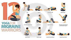 12 Yoga poses or asana posture for workout in migraine warriors concept. Women exercising for body stretching with yoga chair. Fit